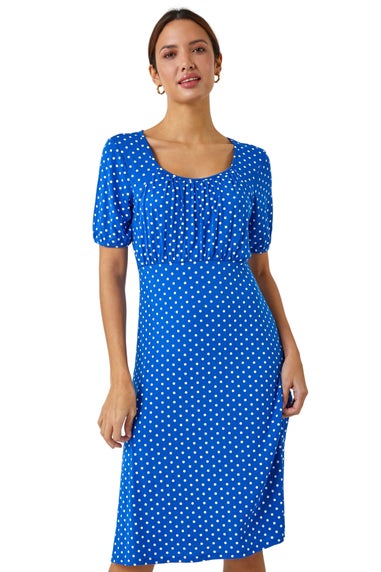 Roman Royal Blue Polka Dot Print Stretch Dress