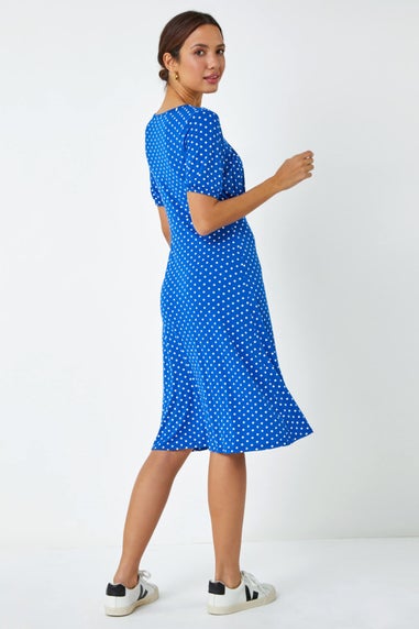 Roman Royal Blue Polka Dot Print Stretch Dress