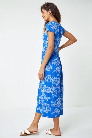 Roman Blue Floral Print Midi Stretch Dress