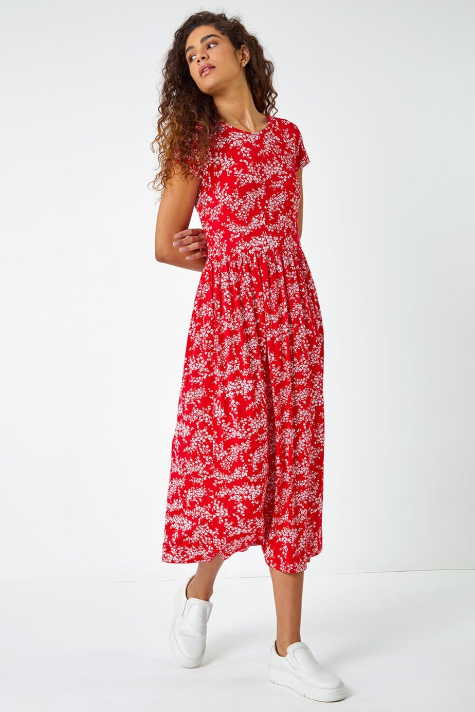 Roman Red Ditsy Gathered Skirt Stretch Midi Dress