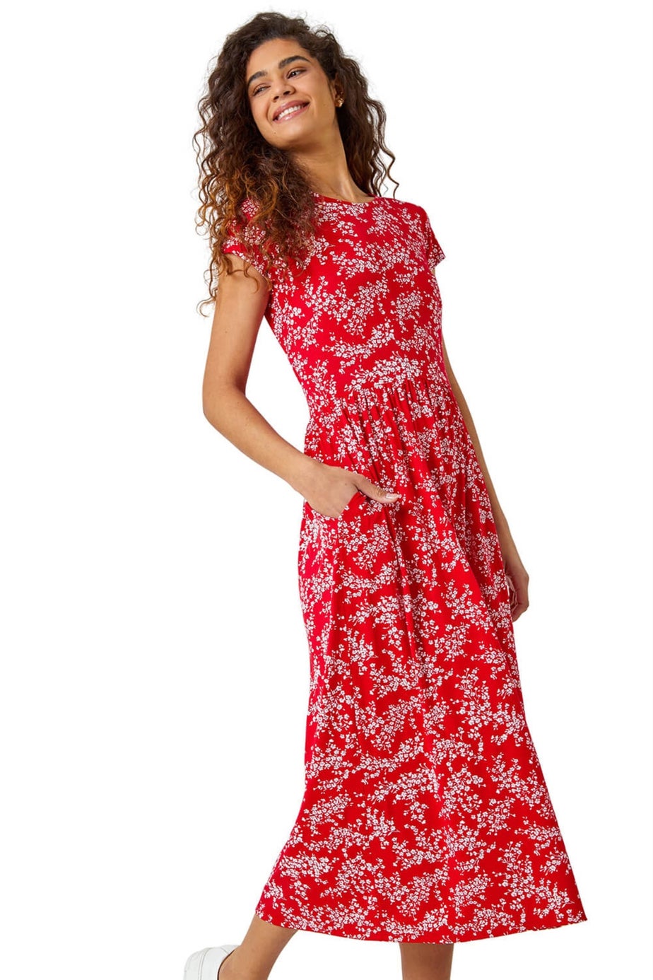 Roman Red Ditsy Gathered Skirt Stretch Midi Dress