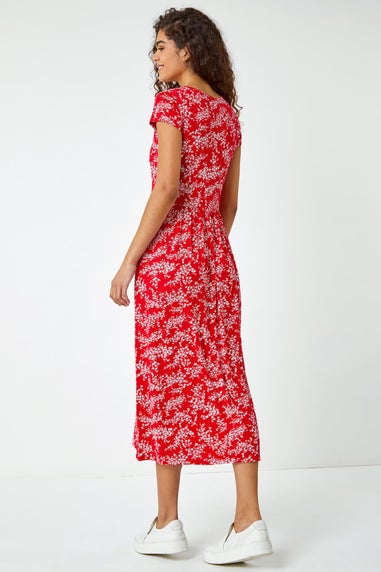 Roman Red Ditsy Gathered Skirt Stretch Midi Dress