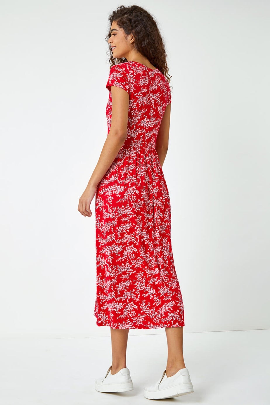Roman Red Ditsy Gathered Skirt Stretch Midi Dress