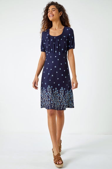 Roman Navy Border Print Floral Dress