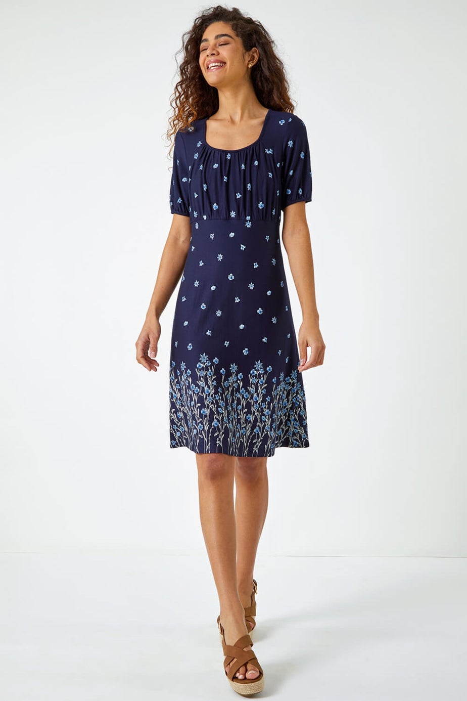 Roman Navy Border Print Floral Dress