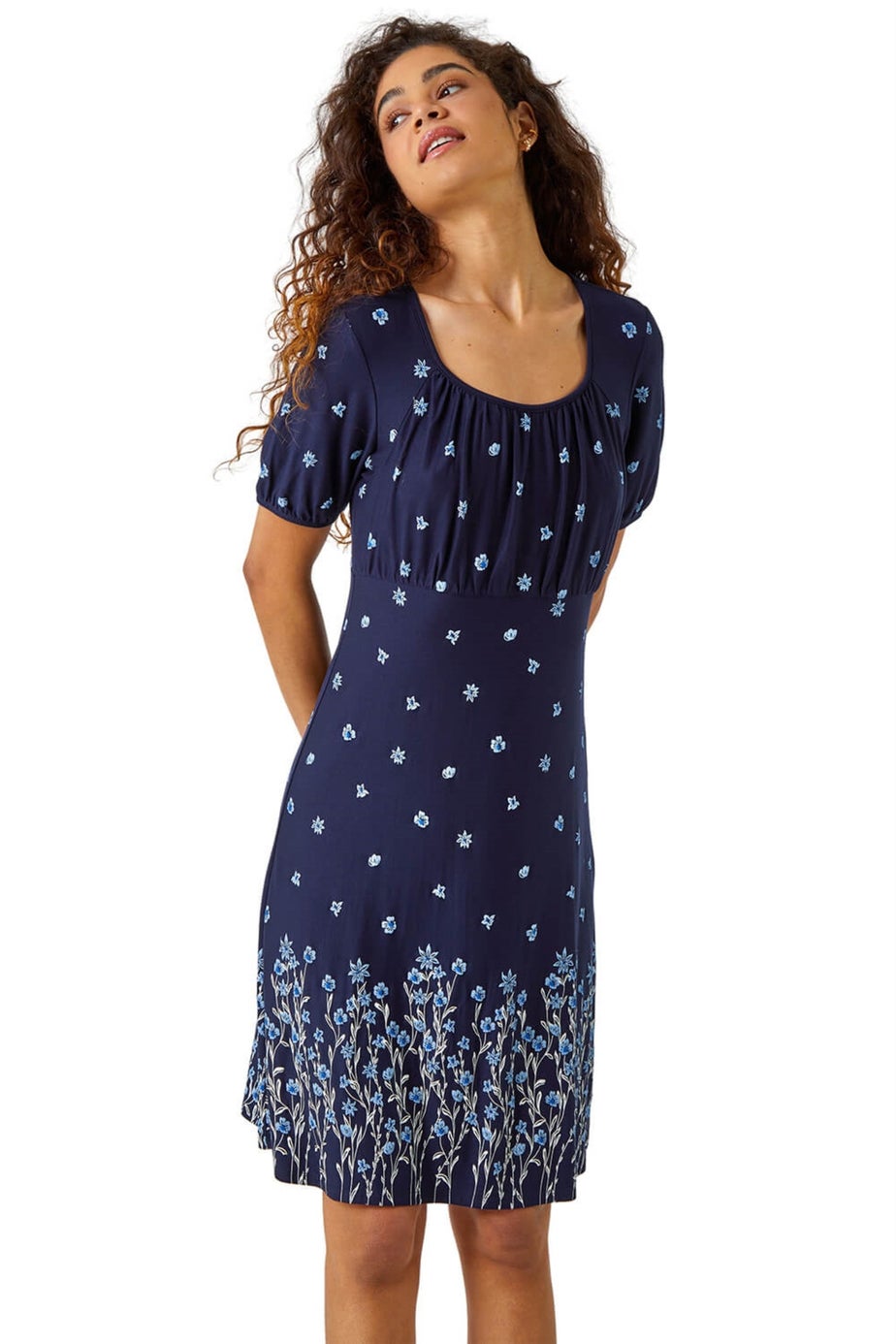 Roman Navy Border Print Floral Dress