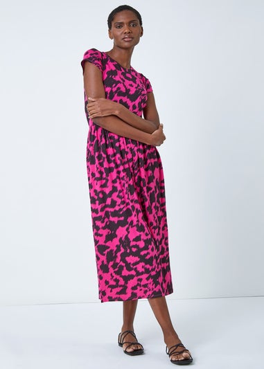 Roman Fuchsia Abstract Print Gathered Skirt Midi Dress