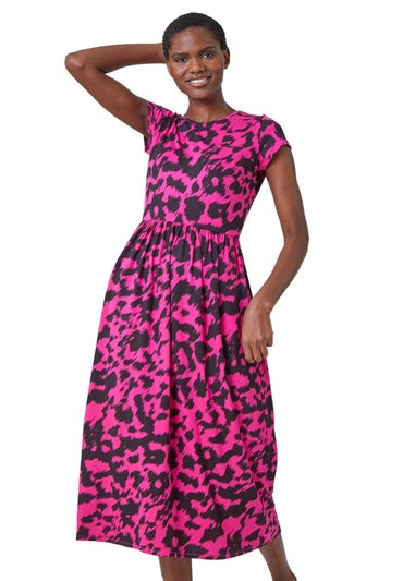 Roman Fuchsia Abstract Print Gathered Skirt Midi Dress