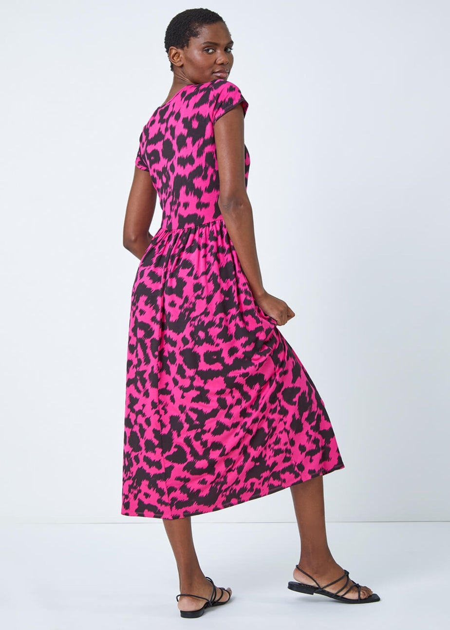 Roman Fuchsia Abstract Print Gathered Skirt Midi Dress