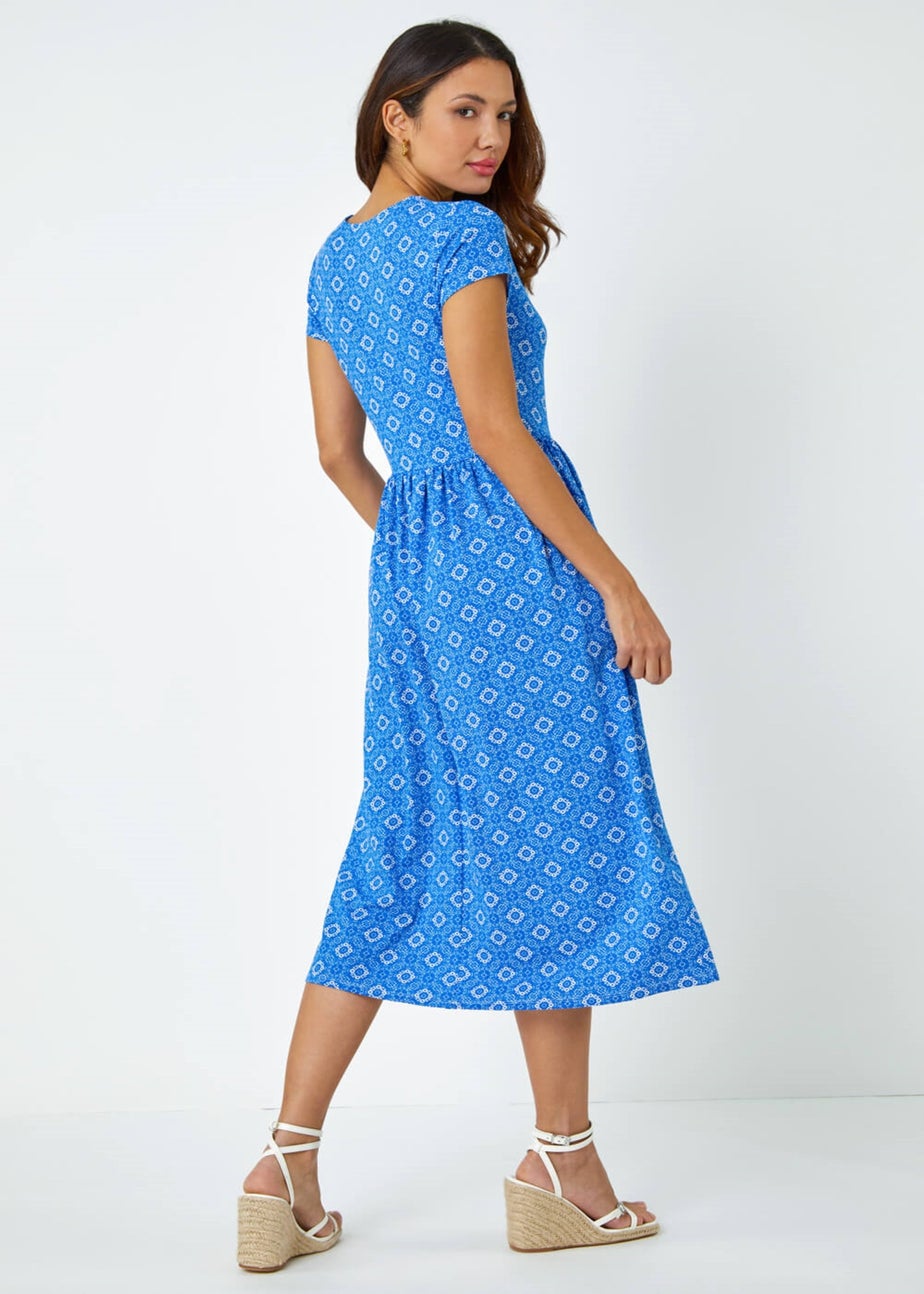 Roman Royal Blue Tile Print Midi Stretch Dress