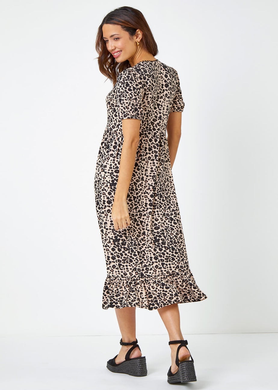 Roman Black  Leopard Print Lace Trim Midi Dress