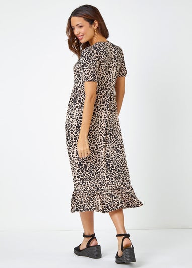 Roman Black Leopard Print Lace Trim Midi Dress
