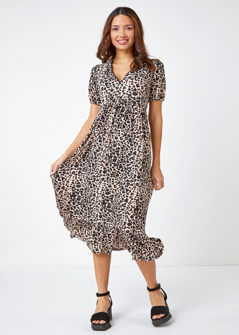 Roman Black  Leopard Print Lace Trim Midi Dress