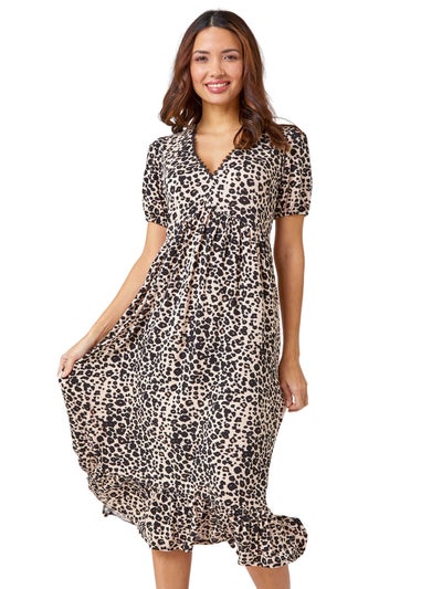 Roman Black Leopard Print Lace Trim Midi Dress