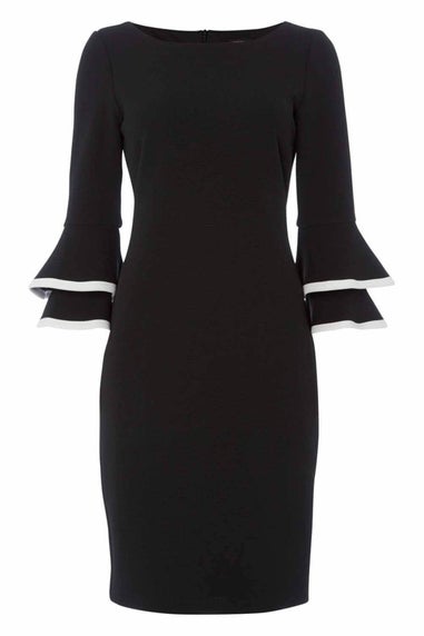 Roman Black Double Fluted 3/4 Length Sleeve Shift Dress