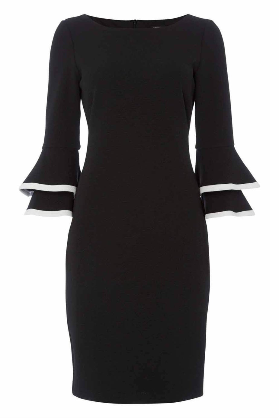 Roman Black Double Fluted 3/4 Length Sleeve Shift Dress