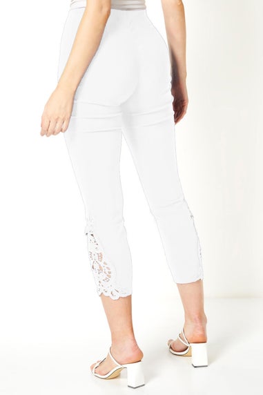 Roman White Lace Insert Elastic Waist Crop Trousers