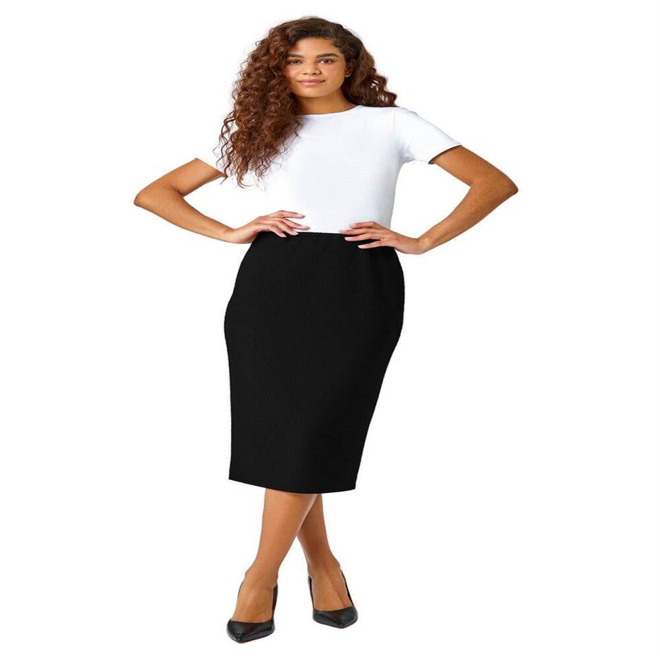 Roman Black Jersey Textured Elastic Waist Pencil Skirt