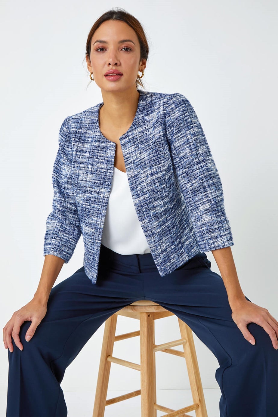 Roman Blue Collarless Cropped Boucle Jacket