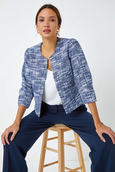 Roman Blue Collarless Cropped Boucle Jacket