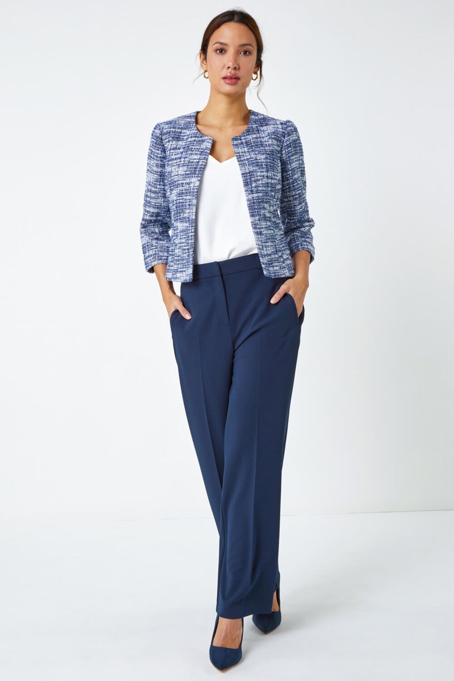 Roman Blue Collarless Cropped Boucle Jacket