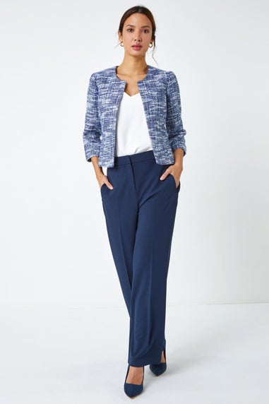 Roman Blue Collarless Cropped Boucle Jacket