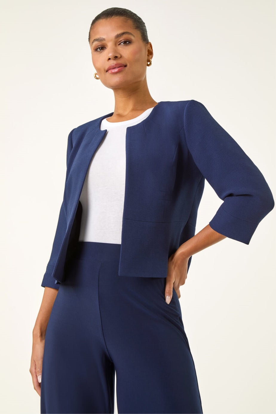Roman Navy Cropped Bolero Tailored Jaquard Jacket Wedding Shrug Fitted Blazer