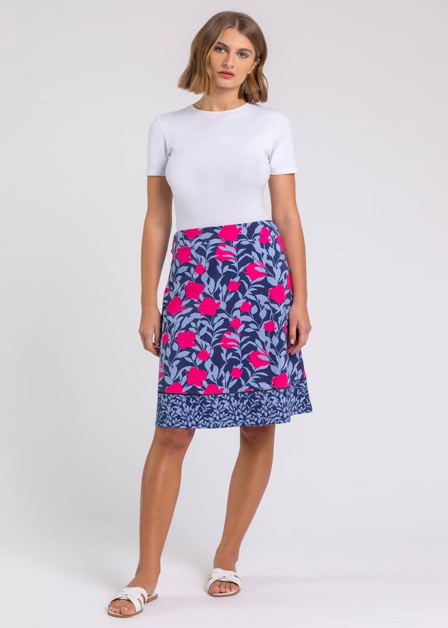 Roman Blue A Line Floral Print Elastic Waist Skirt