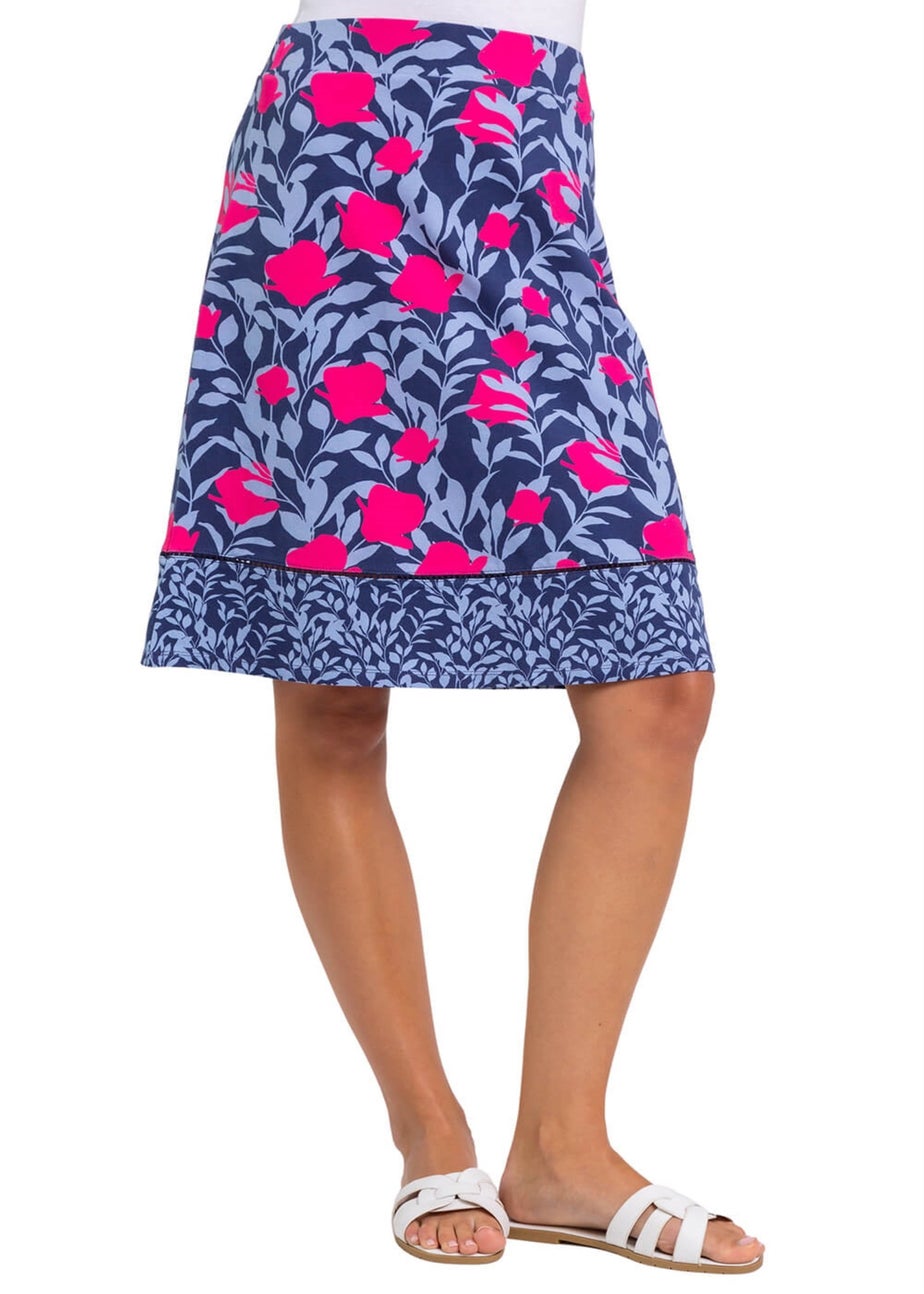 Roman Blue A Line Floral Print Elastic Waist Skirt