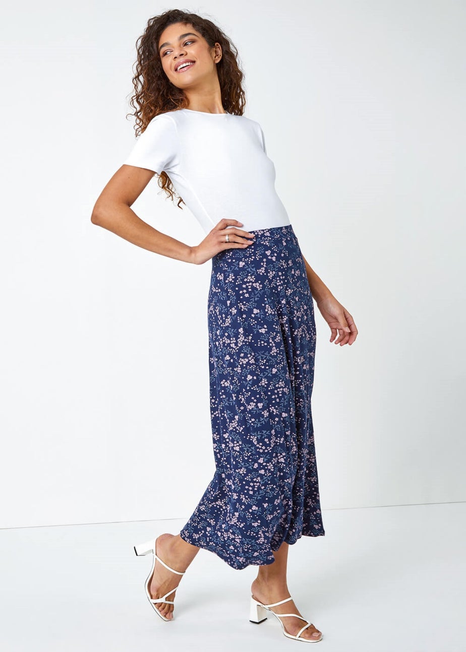 Roman Navy Floral Print Elastic Waist Midi Stretch Skirt