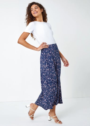 Roman Navy Floral Print Elastic Waist Midi Stretch Skirt