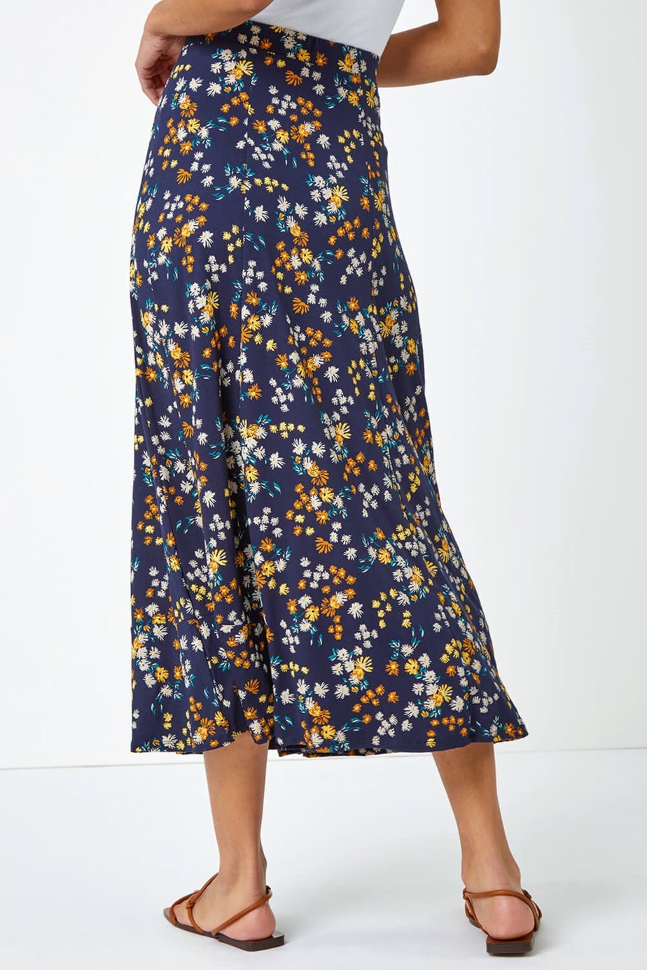 Roman Navy Ditsy Floral Print Elastic Waist Midi Skirt