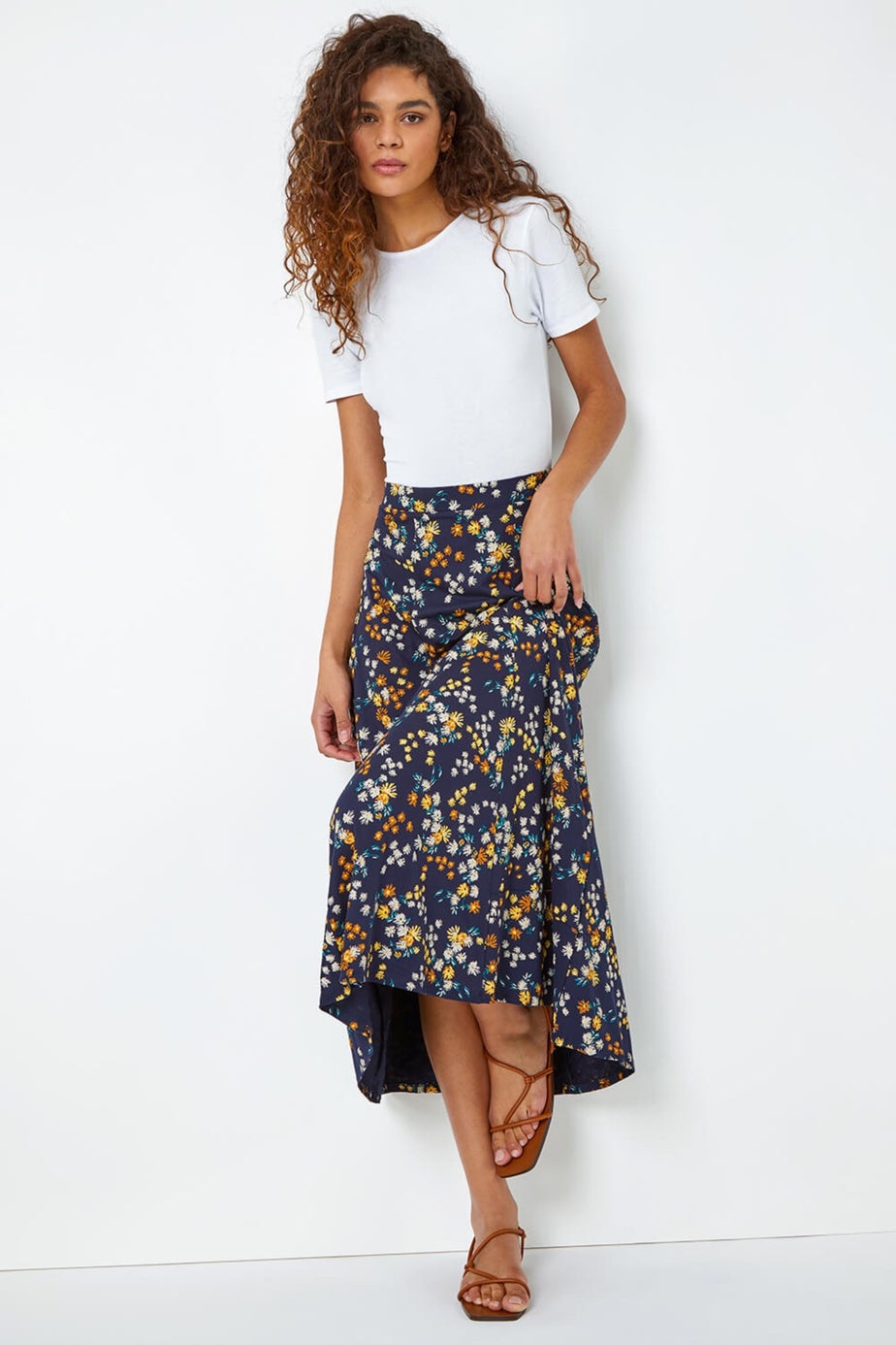 Roman Navy Ditsy Floral Print Elastic Waist Midi Skirt