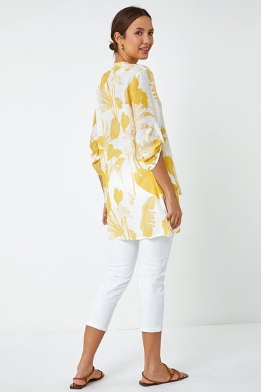 Roman Yellow Palm Print V-Neck Wrap Hem Tunic Top