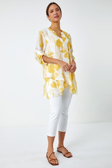 Roman Yellow Palm Print V-Neck Wrap Hem Tunic Top