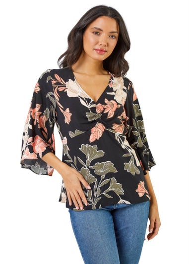 Roman Black Tropical Print V-Neck Ruched Tunic Top