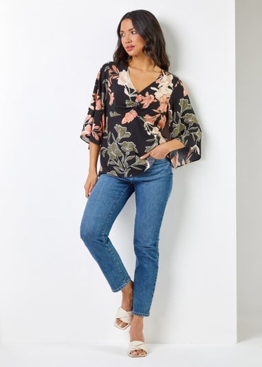 Roman Black Tropical Print V-Neck Ruched Tunic Top