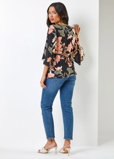 Roman Black Tropical Print V-Neck Ruched Tunic Top
