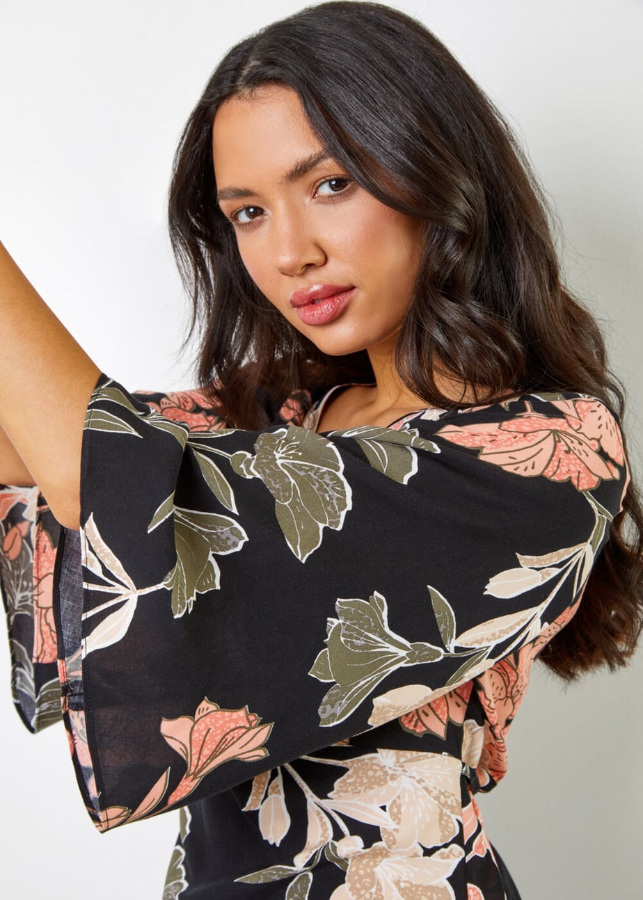 Roman Black Tropical Print V-Neck Ruched Tunic Top