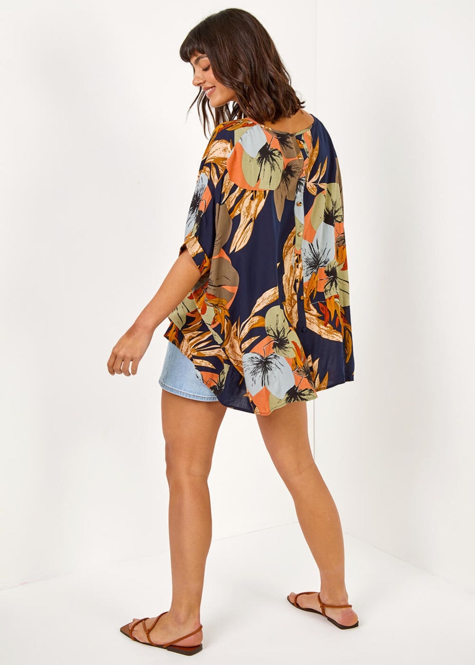 Roman Navy Palm Print Button Back Top