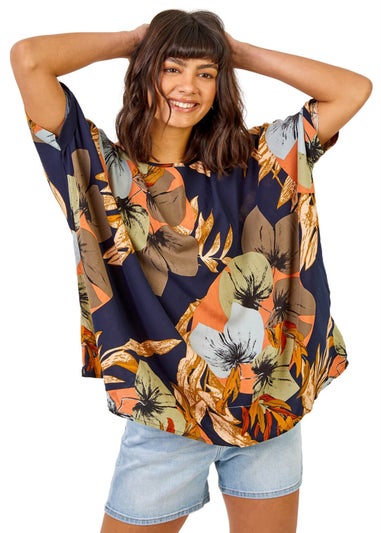 Roman Navy Palm Print Button Back Top