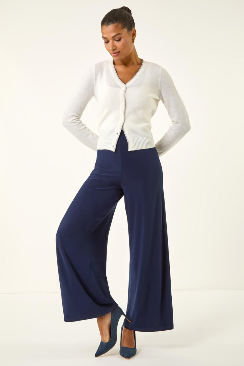 Roman Navy Wide Leg Stretch Trousers