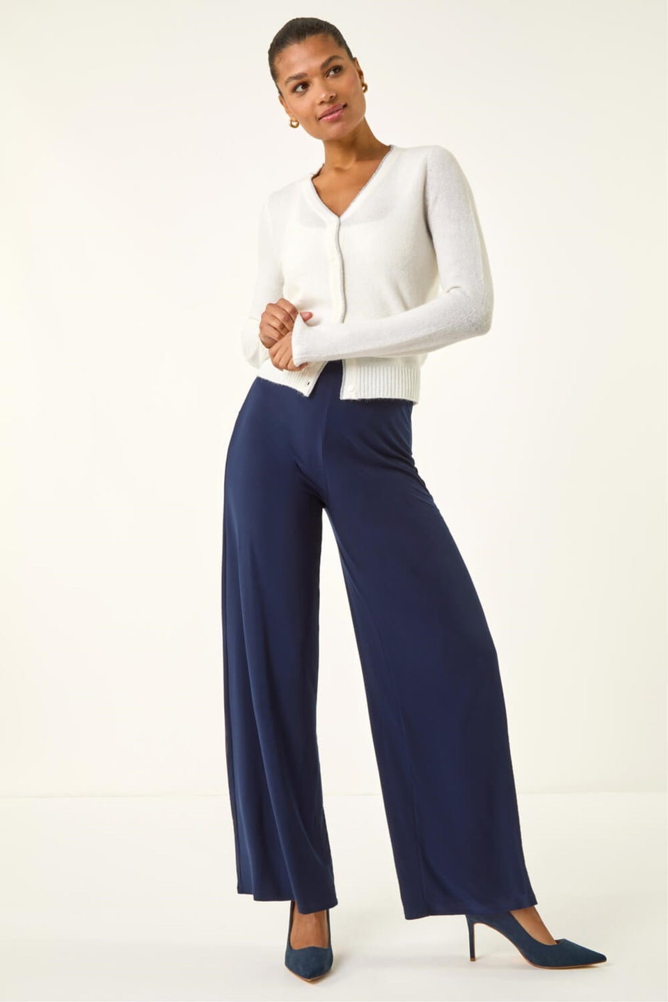 Roman Navy Wide Leg Stretch Trousers
