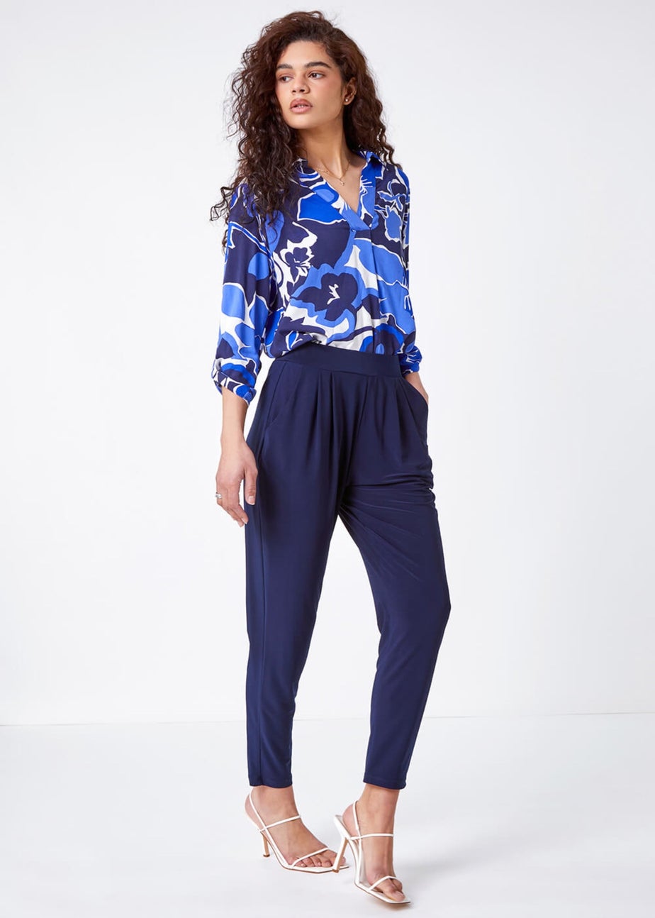 Roman Navy Jersey Stretch Elastic Waist Harem Trousers