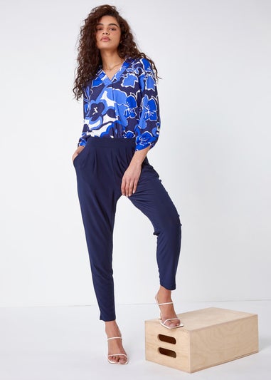 Roman Navy Jersey Stretch Elastic Waist Harem Trousers