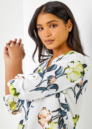 Roman Ivory V-Neck Longline Button Detail Floral Tunic Top
