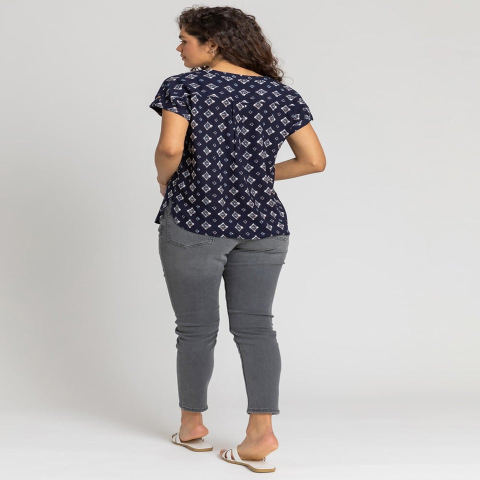 Roman Navy Aztec Print Button V-Neck Detail Top