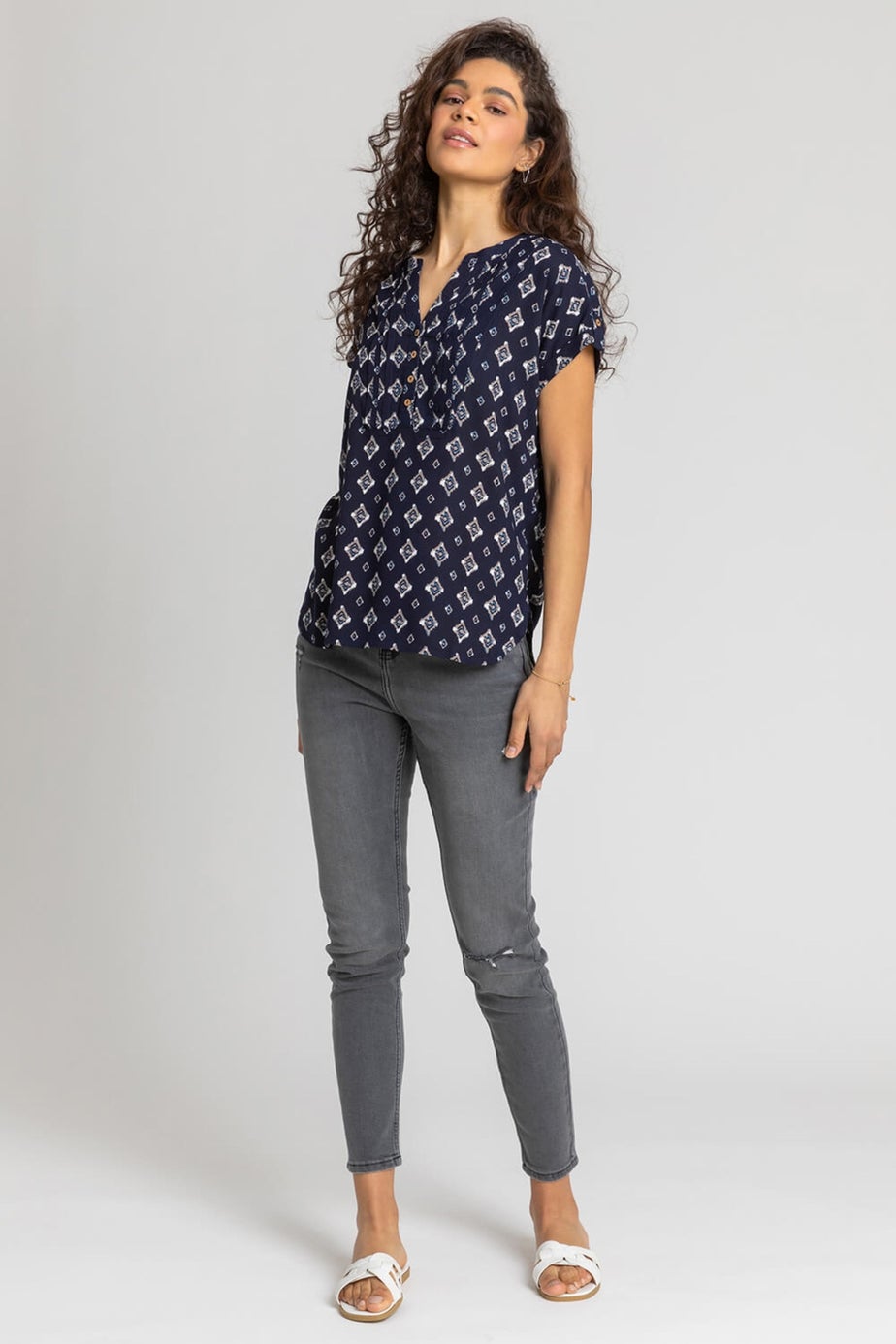 Roman Navy Aztec Print Button V-Neck Detail Top