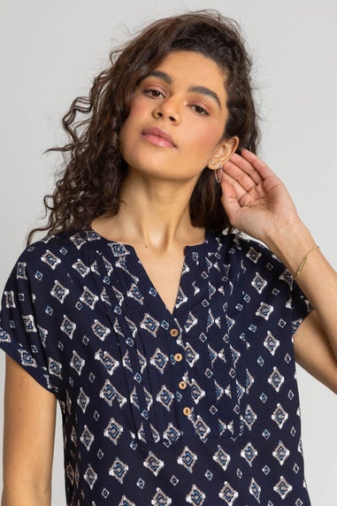 Roman Navy Aztec Print Button V-Neck Detail Top