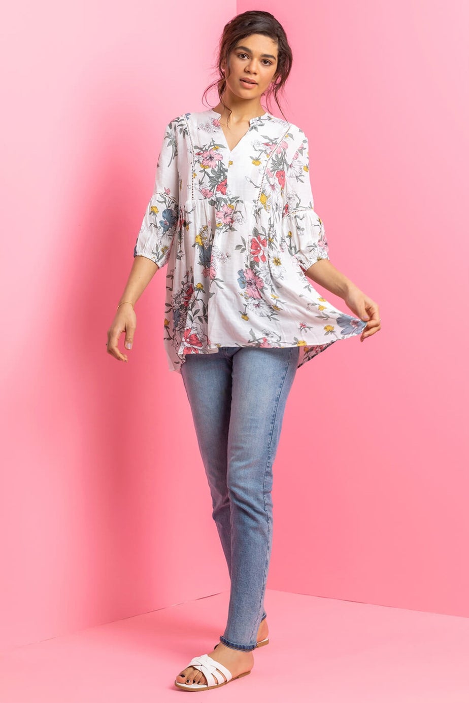 Roman White Floral Print Notch Neck Tunic Top